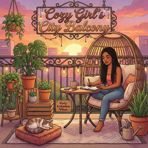 Cozy Girl's City Balcony: Relaxing Hygge Cute & Fun Coloring Book for Adults & Teens Easy Bold Line Designs of Urban Balcony Gardens, Apartment Plant by Vibes, Cozy Coloring