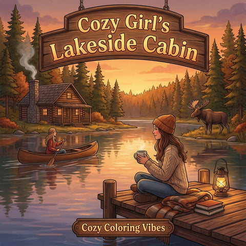 Cozy Girl's Lakeside Cabin: Relaxing Hygge Cute Coloring Book for Adults & Teens Fun Easy Bold Line Designs of Lakeside Retreats, Wooden Docks, Canoes