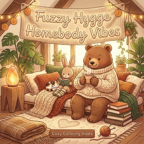 Fuzzy Hygge Homebody Vibes: Cute & Adorable Animal Coloring Book for Adults & Teens Easy Bold Line Designs of Relaxing Home Scenes, Quiet Daily Moment