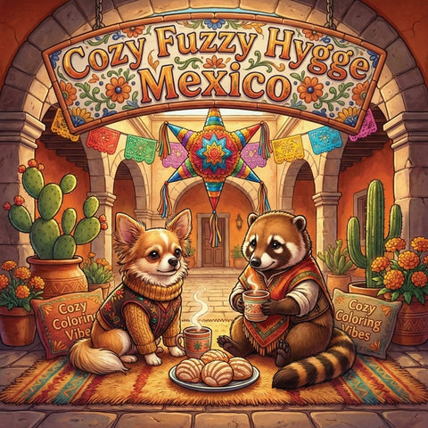 Cozy Fuzzy Hygge Mexico: Bold & Fun Easy Line Art Design Coloring Book Relaxing Mexican Holiday Cultural Scenes, Cute Animal Travel Adventures Creativ by Vibes, Cozy Coloring
