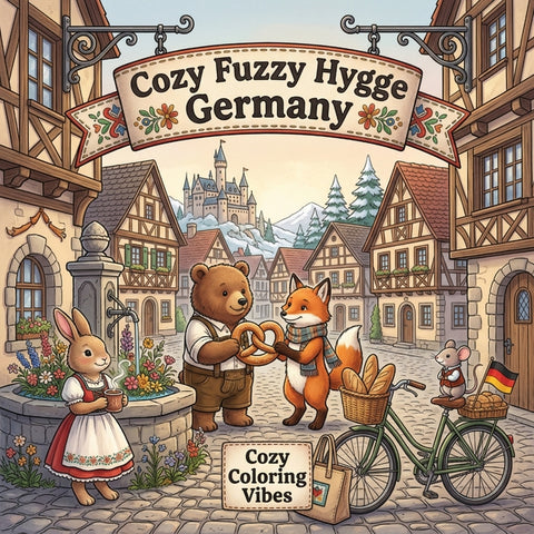 Cozy Fuzzy Hygge Germany: Fun Easy Bold Line Design Art Coloring Book Bavarian Winter Markets, Cute Animal German Travel Storybook Scenes Creative Scr