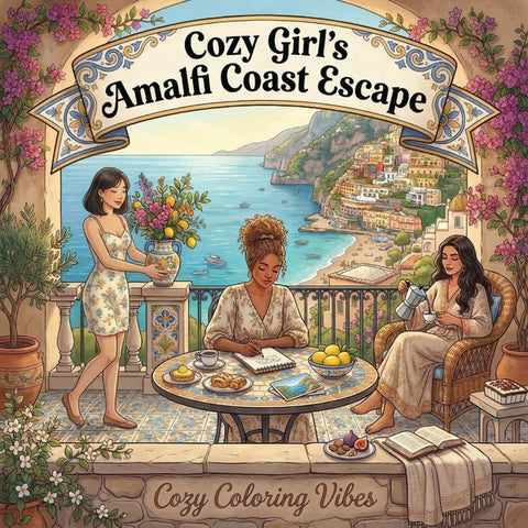 Cozy Girl's Amalfi Coast Escape: Easy Bold Line Design Comfy Coloring Book for Adults Italy Summer Travel, Italian Cafes, Terrace Views Cute Creative by Vibes, Cozy Coloring
