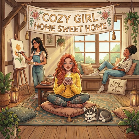 Cozy Girl Home Sweet Home: Cute & Fun Relaxing Adult Activity Coloring Book Aesthetic Comfy Hygge Homebody Scenes, Daily Living, Peaceful Indoor Desig by Vibes, Cozy Coloring