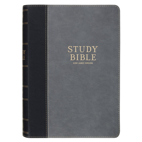 KJV Study Bible, Standard King James Version Holy Bible, Thumb Tabs, Ribbons, Vegan Leather, Gray/Black Two-Tone