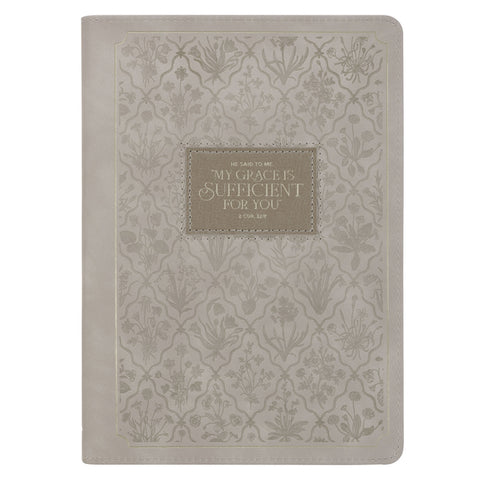 Christian Art Gifts Inspirational Zippered Journal, My Grace Is Sufficient for You Wide Ruled Notebook, 2 Cor. 12:9 Bible Verse, Taupe Vegan Leather,