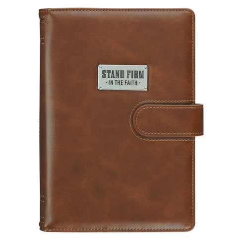 Christian Art Gifts Inspirational Magnetic Closure Journal W/Pen Holder, Stand Firm - 1 Cor. 16:13 Bible Verse, Brown W/Metal Badge Emblem, Wide Ruled by