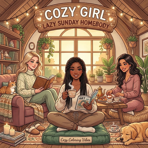 Cozy Girl Lazy Sunday Homebody: Cute Comfy Coloring Book for Adults & Teens Easy Bold Line Hygge Design & Relaxing Home Scenes, Daily Good Vibes Momen