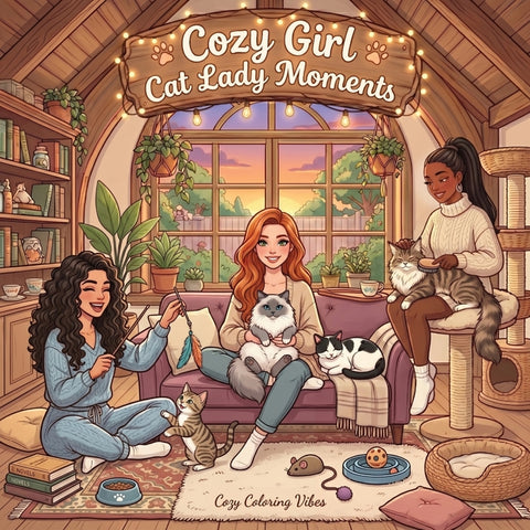Cozy Girl Cat Lady Moments: Cute Comfy Homebody Adult & Teens Coloring Book Easy Bold Line Hygge Design, Relaxing Home Comfort Kitten Scenes & Daily G