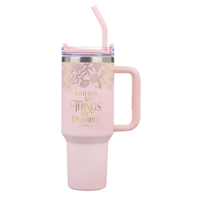 Christian Art Gifts Large Stainless Steel Insulated Travel Mug Tumbler for Women: All Things Are Possible Inspirational Scripture, Reusable Straw, Fli by Christian Art Gifts