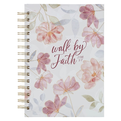 Christian Art Gifts Inspirational Journal, Walk by Faith Wide Ruled Notebook, 2 Corinthians 5:7 Bible Verse, Pink W/ White Florals, 192 Lined Pages W/ by 