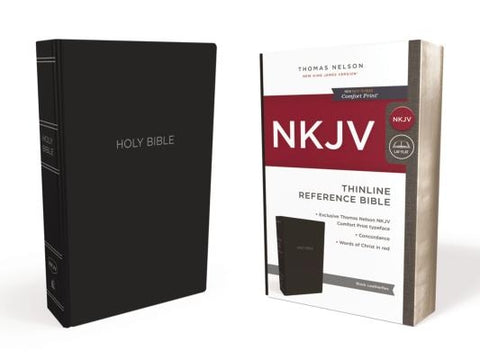 NKJV, Thinline Reference Bible, Leather-Look, Black, Red Letter Edition, Comfort Print by Thomas Nelson