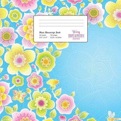 Music Manuscript Book: Floral Pattern on Blue, Large Kids Stave Paper by Young Dreamers Press