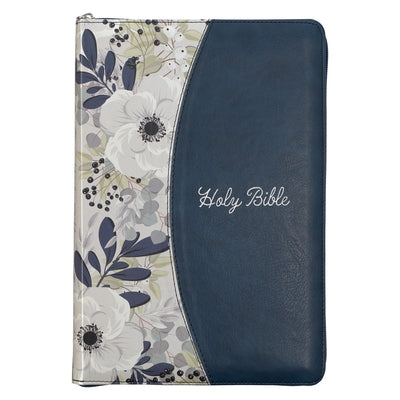 KJV Large Print Thinline Bible Two-Tone Blue/Printed Floral with Zipper Faux Leather by 